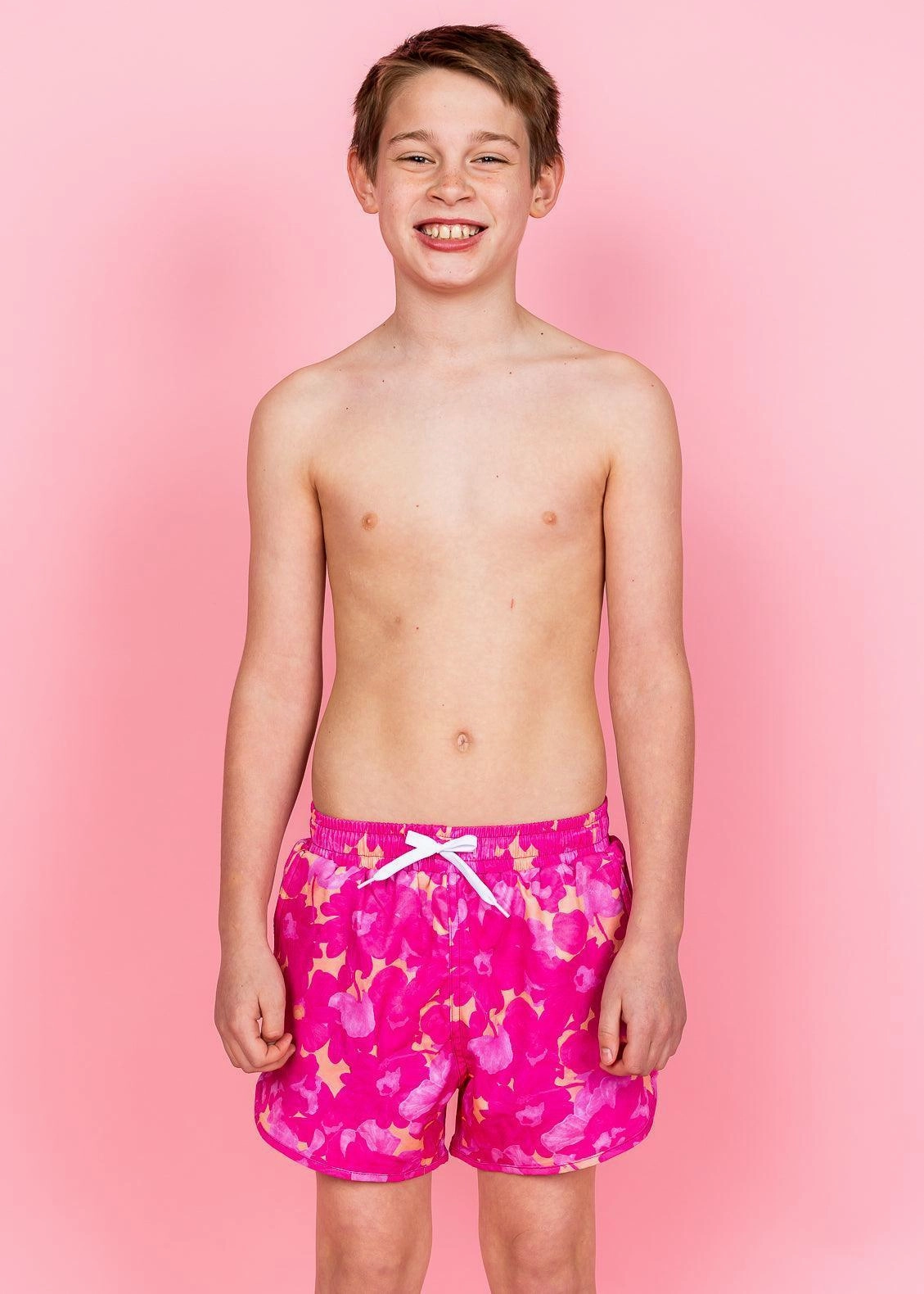 Pink Blooms | Youth Retro Shorties boys summer swimwear, boys rash guard swim sets