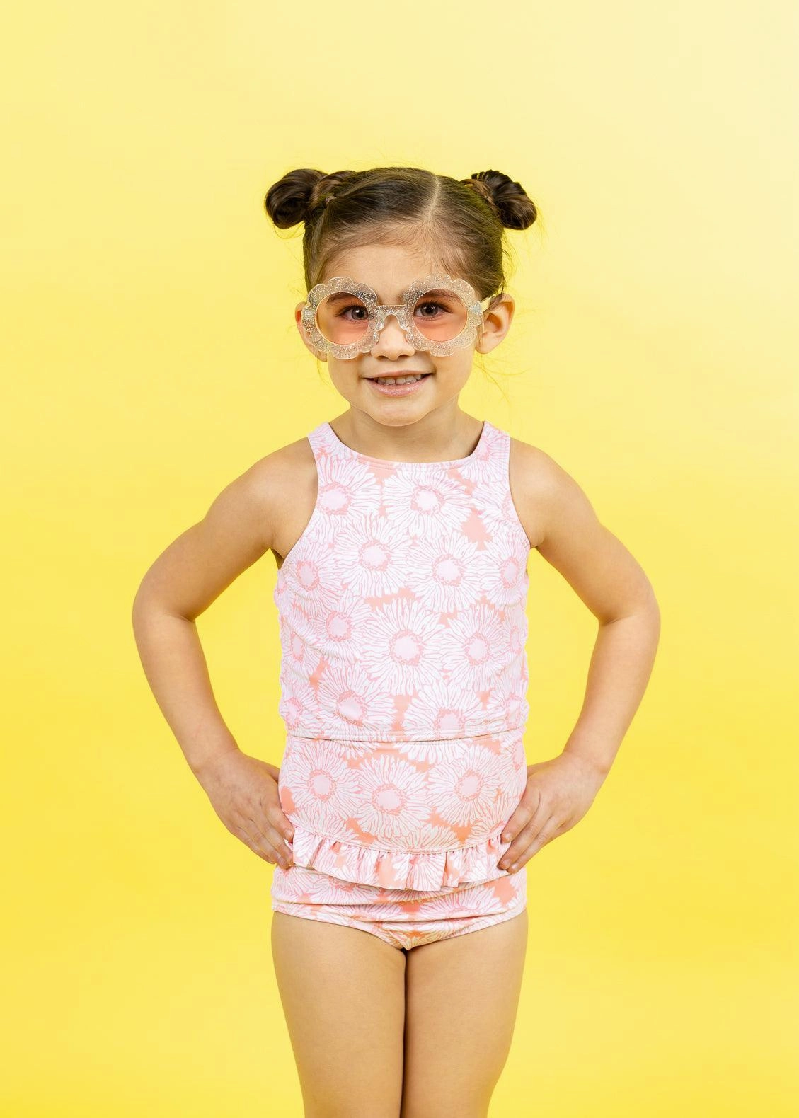 Pink Daisies | Mini Mid-Ruffle Bottoms cute girls swimsuits, stylish swimwear for girls
