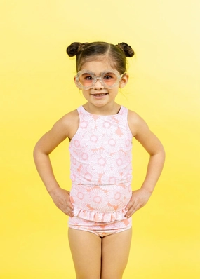 Pink Daisies | Mini Mid-Ruffle Bottoms cute girls swimsuits, stylish swimwear for girls