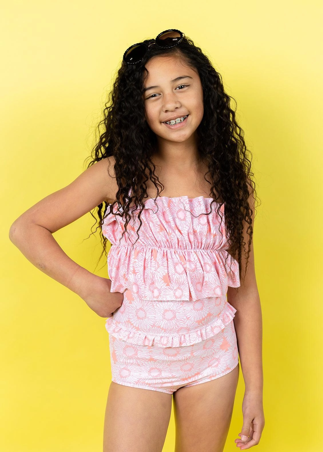 Pink Daisies | Youth Mid-Ruffle Bottoms cute girls swimsuits, stylish swimwear for girls