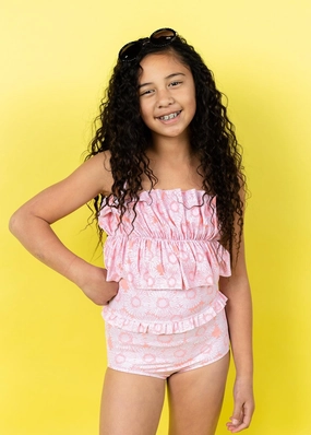 Pink Daisies | Youth Mid-Ruffle Bottoms cute girls swimsuits, stylish swimwear for girls