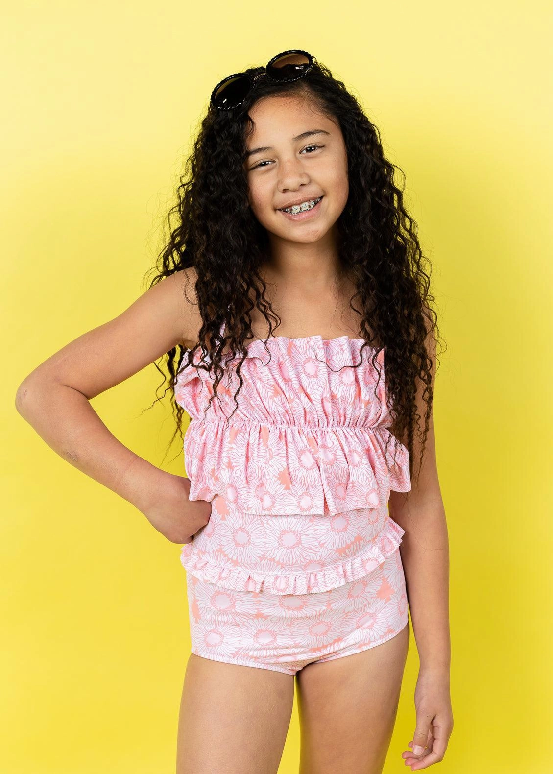 Pink Daisies | Youth Oversized Ruffle Top cute girls swimsuits, stylish swimwear for girls