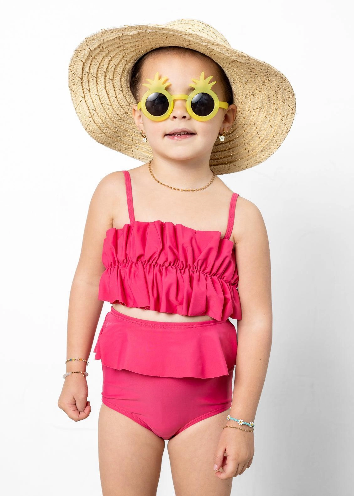 Pink Raspberry | Mini Oversized Ruffle Top cute girls swimsuits, stylish swimwear for girls