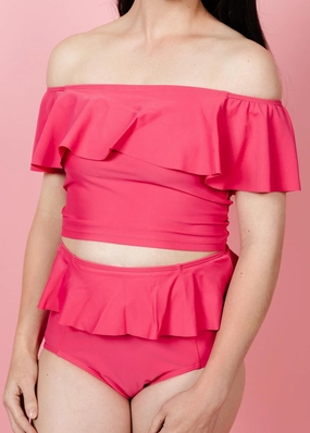 Pink Raspberry | Peplum Bottoms elastic waistband swim bottoms, mix-and-match bikini bottoms