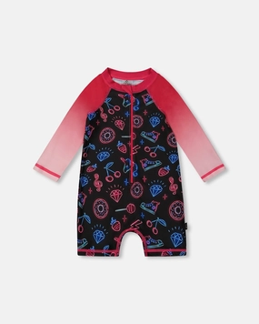 Printed Long Sleeve One-Piece Rashguard Black And Blue And Pink Items cute swimsuits for teen girls, modest teen swimwear