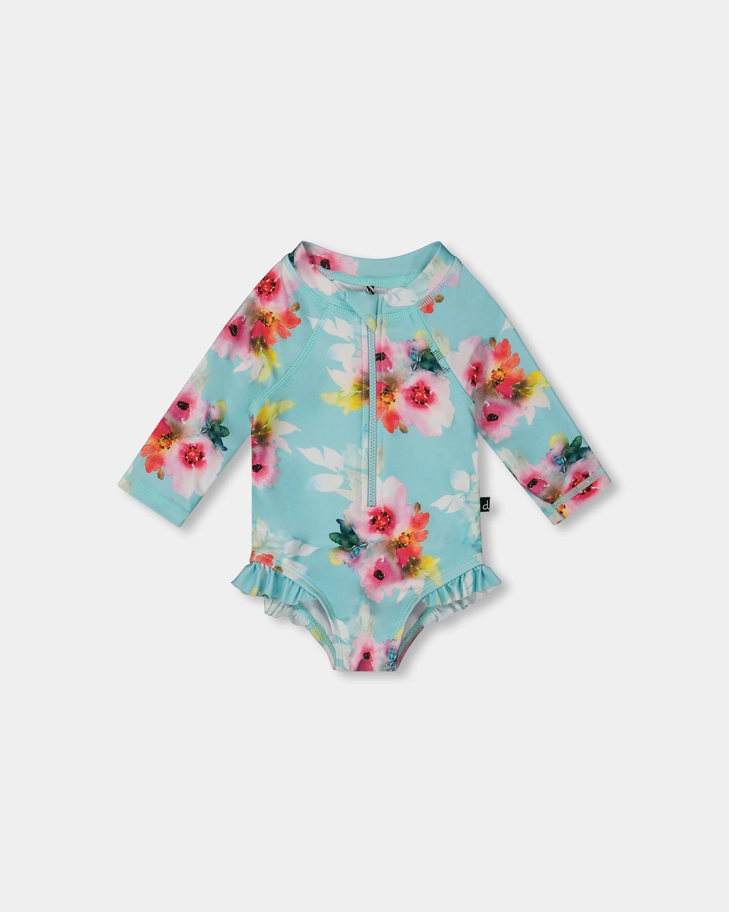 Printed One-Piece Rashguard With Frills Turquoise And Pink Flowers cute swimsuits for teen girls, modest teen swimwear