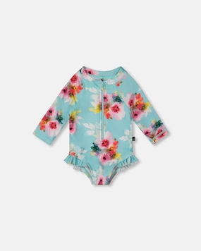 Printed One-Piece Rashguard With Frills Turquoise And Pink Flowers cute swimsuits for teen girls, modest teen swimwear
