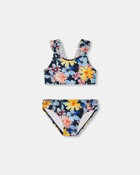 Printed Two-Piece Swimsuit Navy And Yellow And Pink Flowers cute swimsuits for teen girls, modest teen swimwear