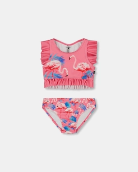 Printed Two-Piece Swimsuit With Frills Candy Pink And Pink Flamingo cute swimsuits for teen girls, modest teen swimwear