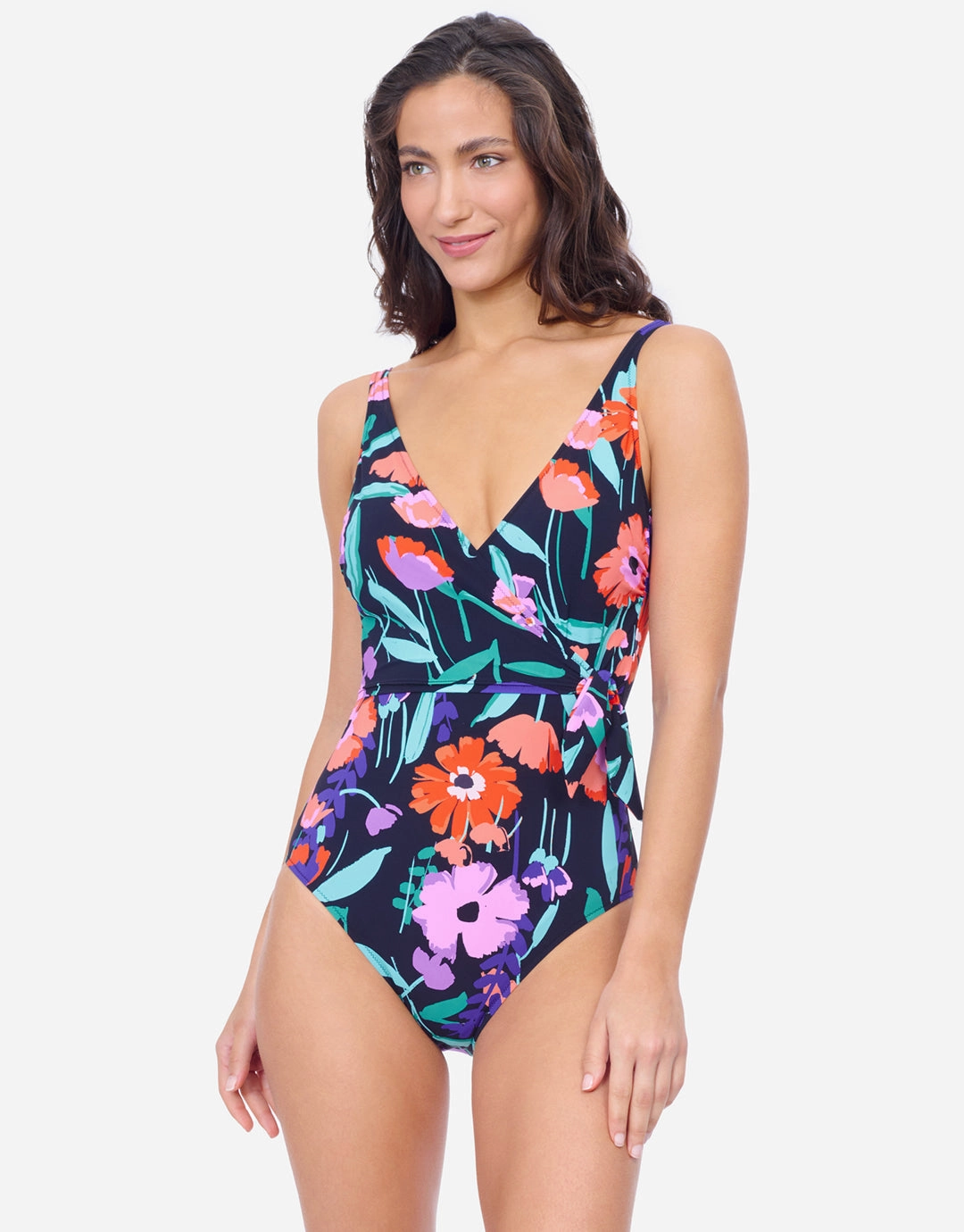 Profile Marguerite Surplice Swimsuit - Black Multi plus size swimwear women, curvy womens swimsuits