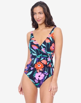 Profile Marguerite Surplice Swimsuit - Black Multi womens resort swimwear, flattering one-piece swimsuits