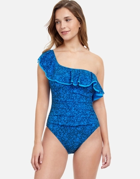 Profile Mehndi Ruffle One Shoulder Swimsuit - Blue tummy control swimwear women, slimming swimsuits