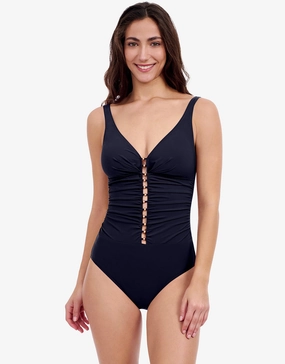 Profile Tutti Frutti D Cup V Neck Ladder Swimsuit - Black plus size swimwear women, curvy womens swimsuits