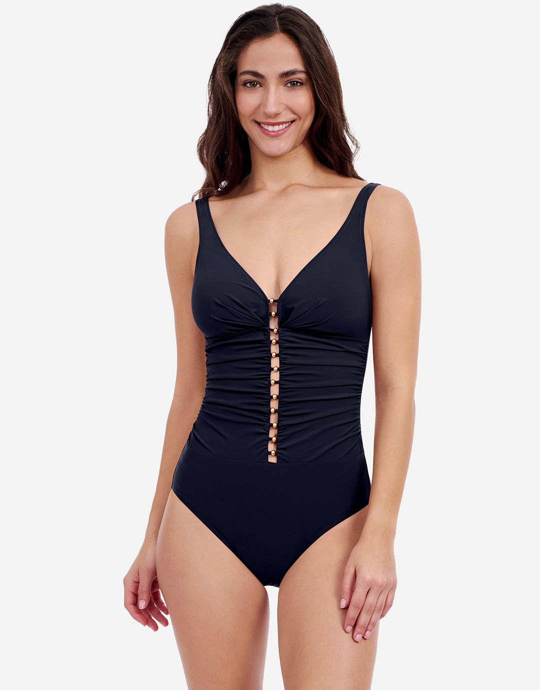 Profile Tutti Frutti D Cup V Neck Ladder Swimsuit - Black plus size swimwear women, curvy womens swimsuits