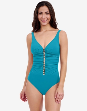 Profile Tutti Frutti D Cup V Neck Ladder Swimsuit - Jade womens resort swimwear, flattering one-piece swimsuits