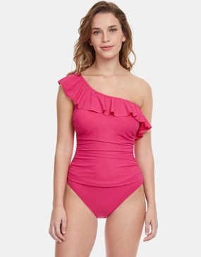 Profile Tutti Frutti Ruffle One Shoulder Swimsuit - Rose tummy control swimwear women, slimming swimsuits