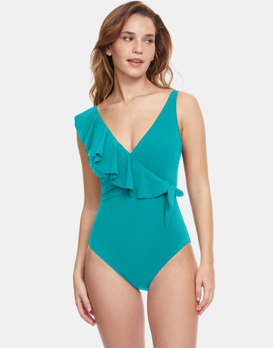 Profile Tutti Frutti Ruffle Surplice Swimsuit - Jade plus size swimwear women, curvy womens swimsuits