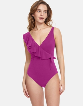 Profile Tutti Frutti Ruffle Surplice Swimsuit - Warm Violet pool-ready swimwear for women, trendy swimwear collection