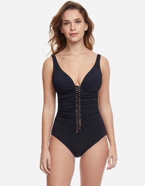 Profile Twist D Cup Plunge V Neck Swimsuit - Black plus size swimwear women, curvy womens swimsuits
