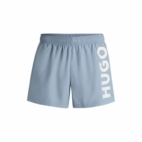 Quick-dry swim shorts with vertical logo print mens full coverage swimwear, stylish mens swim trunks