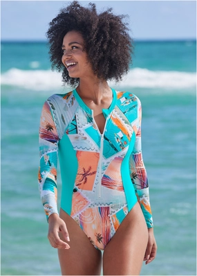 RASH GUARD ONE-PIECE - Vacation Letter classic one piece swimwear, stylish single piece swimsuits