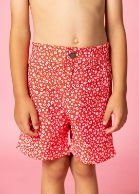 Red Ditsy Floral | Mini Boardies boys summer swimwear, boys rash guard swim sets