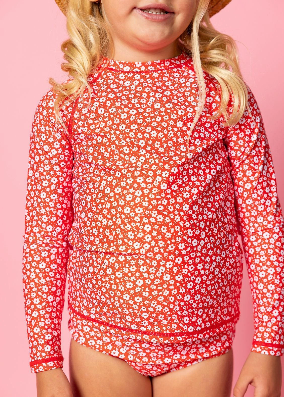 Red Ditsy Floral | Mini Rashguard Top (Unisex) cute girls swimsuits, stylish swimwear for girls