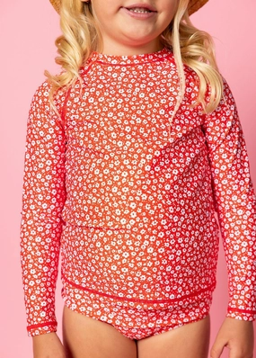 Red Ditsy Floral | Mini Rashguard Top (Unisex) cute girls swimsuits, stylish swimwear for girls