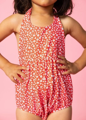 Red Ditsy Floral | Mini Romper One-Piece cute girls swimsuits, stylish swimwear for girls