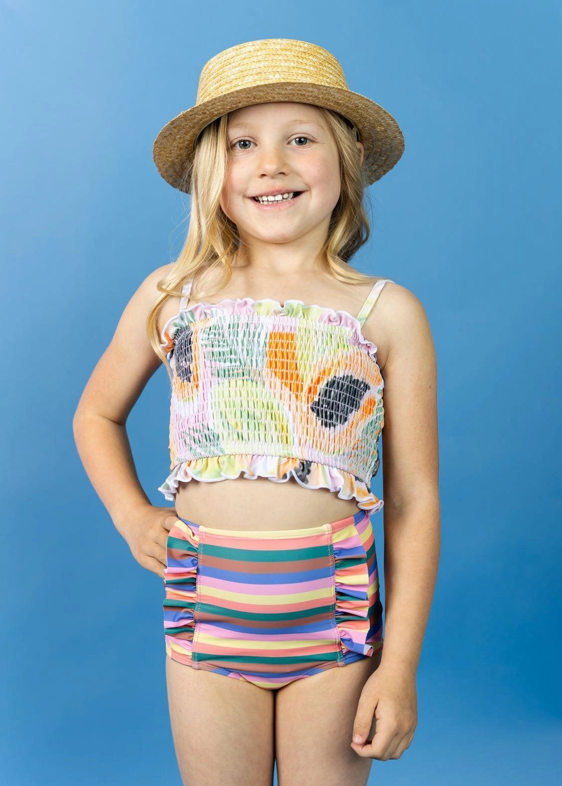 Retro Stripe | Mini Down in Front Ruffle Bottoms cute girls swimsuits, stylish swimwear for girls