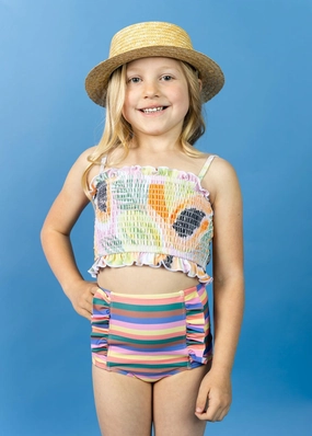 Retro Stripe | Mini Down in Front Ruffle Bottoms cute girls swimsuits, stylish swimwear for girls