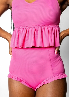 Ribbed Azalea Pink | All Ruffled Up Bottoms elastic waistband swim bottoms, mix-and-match bikini bottoms