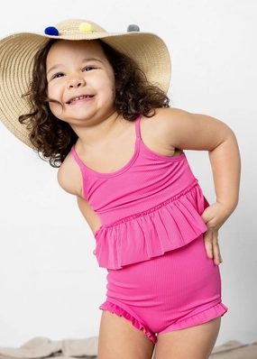 Ribbed Azalea Pink | Mini All Ruffled Up Bottoms cute girls swimsuits, stylish swimwear for girls