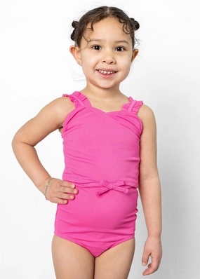 Ribbed Azalea Pink | Mini Bow Bottoms cute girls swimsuits, stylish swimwear for girls