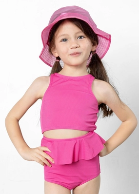 Ribbed Azalea Pink | Mini Peplum Bottoms cute girls swimsuits, stylish swimwear for girls