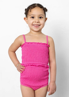 Ribbed Azalea Pink | Mini Smocked Bottoms cute girls swimsuits, stylish swimwear for girls