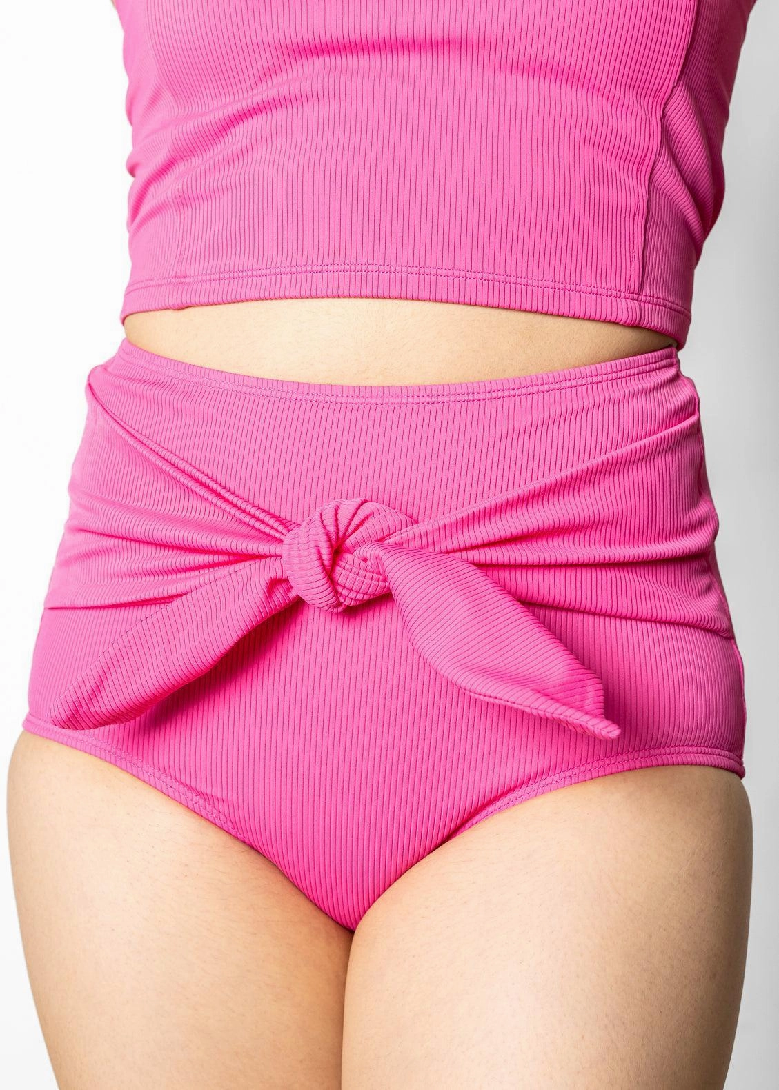 Ribbed Azalea Pink | Tie-Up-Front Bottoms elastic waistband swim bottoms, mix-and-match bikini bottoms