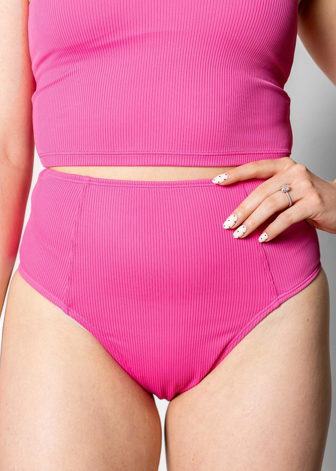 Ribbed Azalea Pink | Up High Bottoms elastic waistband swim bottoms, mix-and-match bikini bottoms