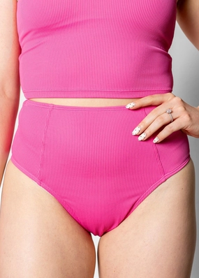 Ribbed Azalea Pink | Up High Bottoms elastic waistband swim bottoms, mix-and-match bikini bottoms