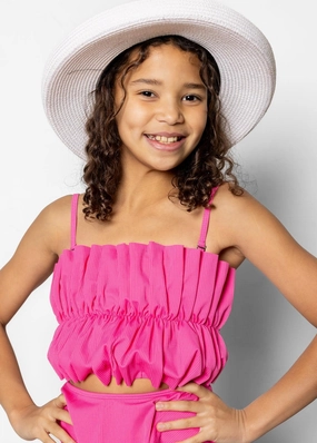 Ribbed Azalea Pink | Youth Oversized Ruffle Top cute girls swimsuits, stylish swimwear for girls
