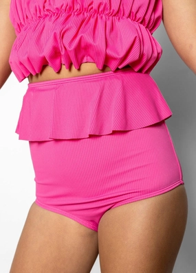 Ribbed Azalea Pink | Youth Peplum Bottoms cute girls swimsuits, stylish swimwear for girls