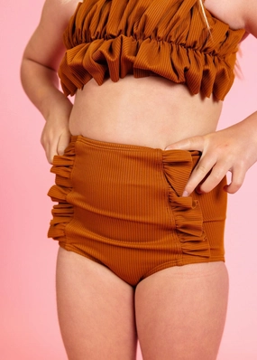 Ribbed Caramel | Mini Down in Front Ruffle Bottoms cute girls swimsuits, stylish swimwear for girls