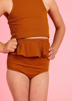 Ribbed Caramel | Mini Peplum Bottoms cute girls swimsuits, stylish swimwear for girls