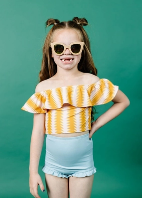 Ribbed Dusty Light Blue | Mini All Ruffled Up Bottoms cute girls swimsuits, stylish swimwear for girls