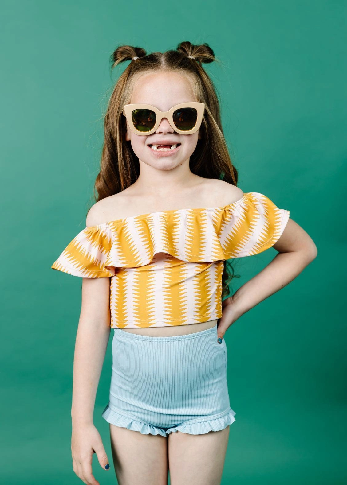 Ribbed Dusty Light Blue | Mini All Ruffled Up Bottoms cute girls swimsuits, stylish swimwear for girls