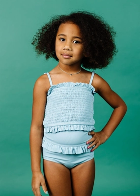 Ribbed Dusty Light Blue | Mini Mid-Ruffle Bottoms cute girls swimsuits, stylish swimwear for girls