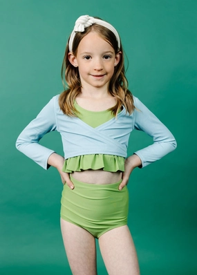 Ribbed Dusty Light Blue | Mini Wrap Top Rashguard cute girls swimsuits, stylish swimwear for girls