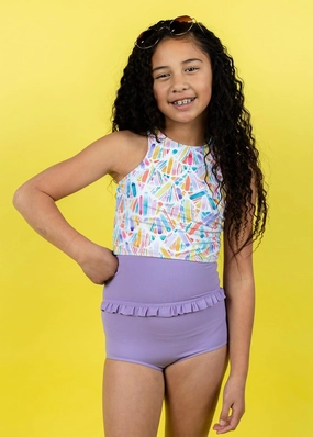 Ribbed Dusty Purple | Youth Mid-Ruffle Bottoms cute girls swimsuits, stylish swimwear for girls