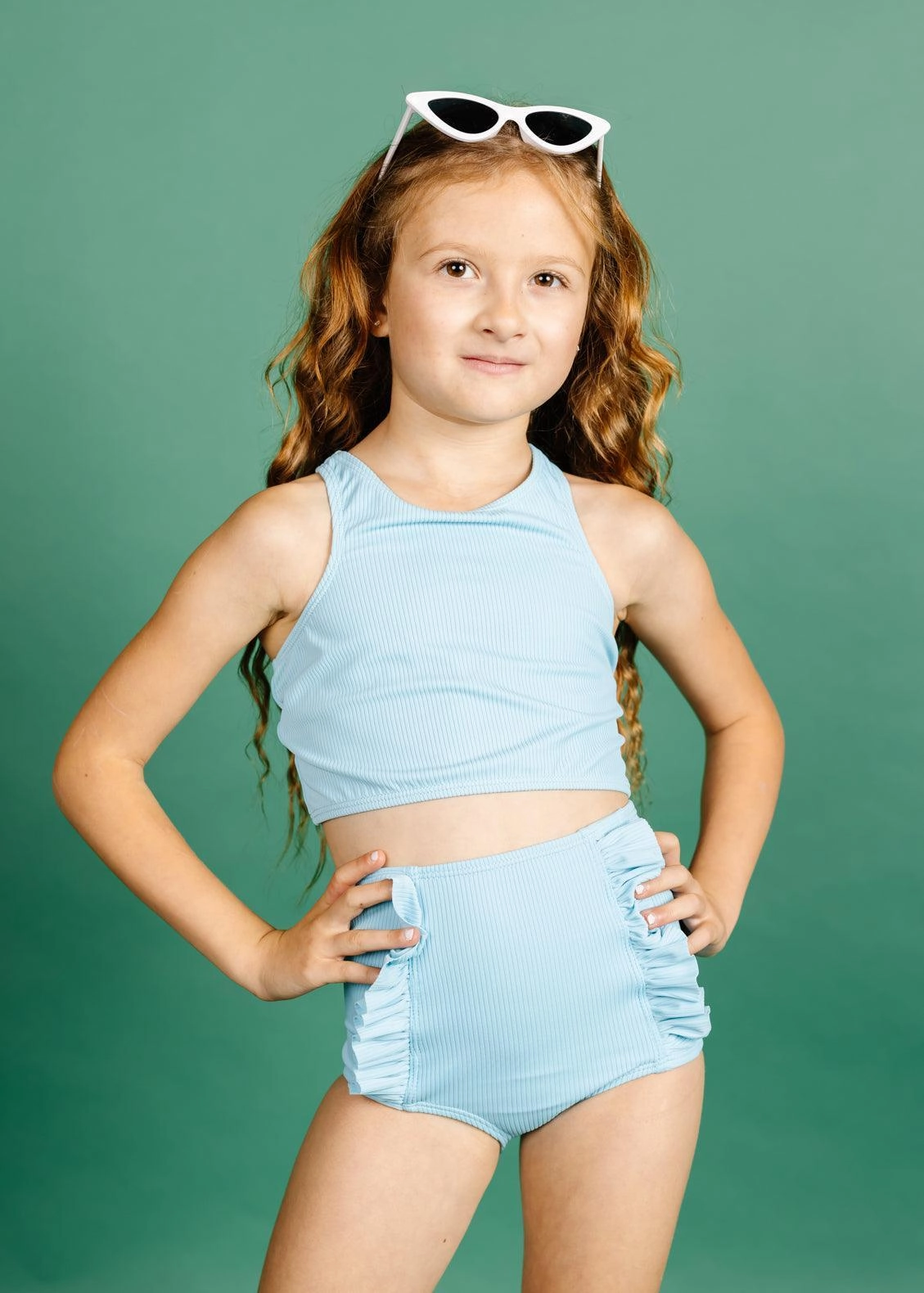 Ribbed Fresh Blue | Mini Down in Front Ruffle Bottoms cute girls swimsuits, stylish swimwear for girls