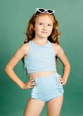 Ribbed Fresh Blue | Mini Down in Front Ruffle Bottoms cute girls swimsuits, stylish swimwear for girls